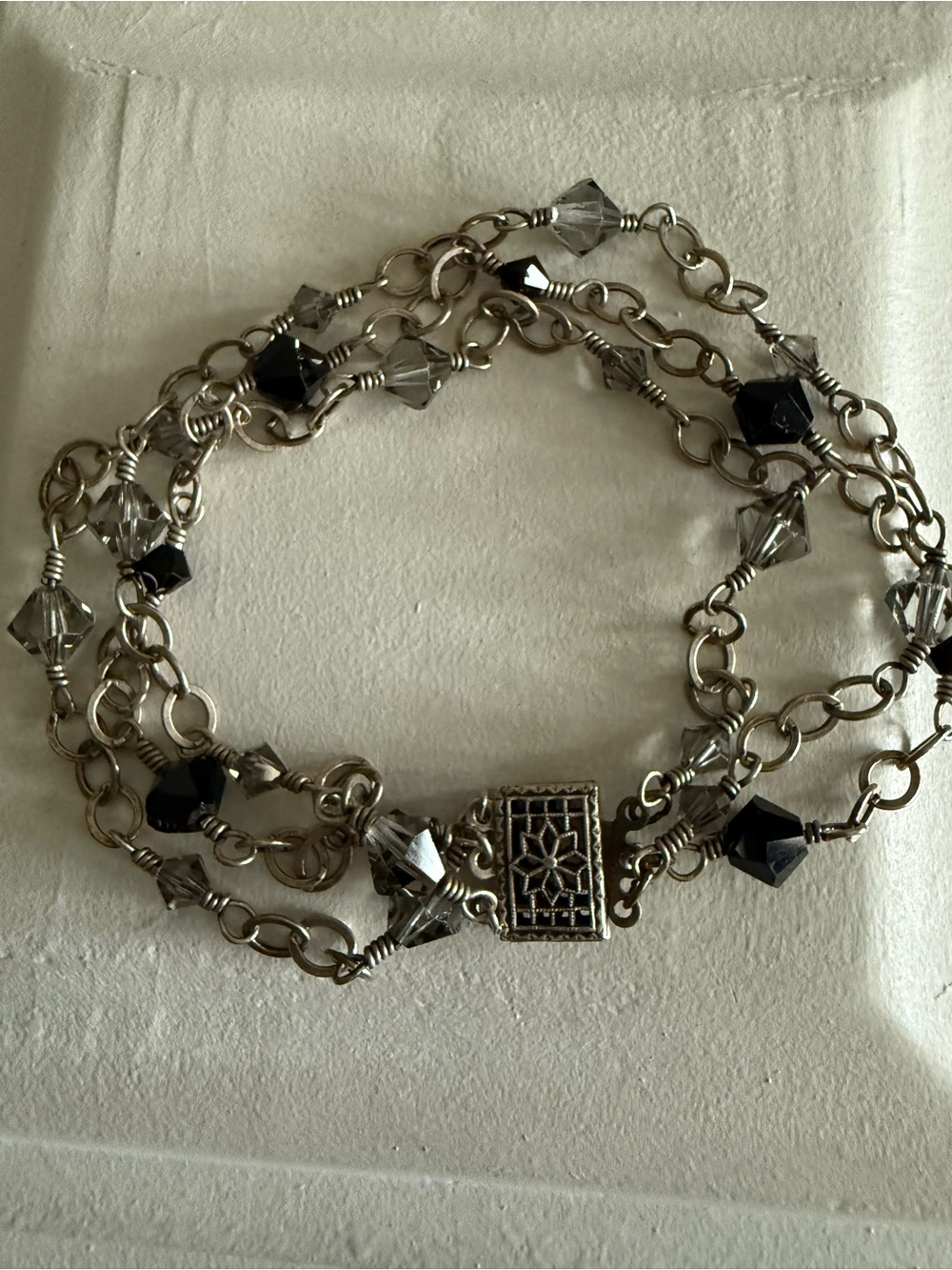 Vintage Silver Tone Black & Clear Crystal 3-Strand Bracelet Filigree Clasp